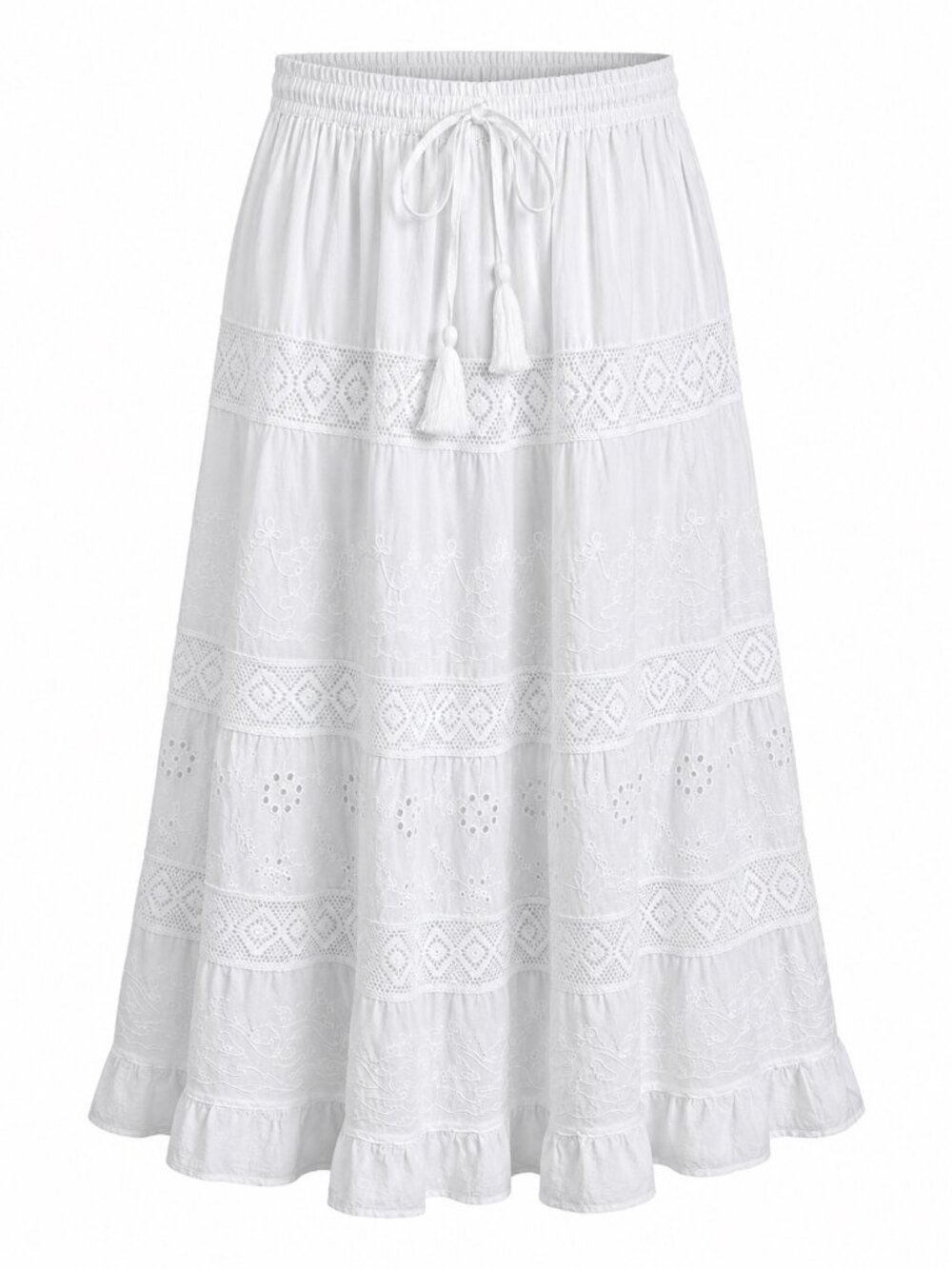White Waves Womens White Cotton Boho Maxi Skirt With Embroidered Lace & Elastic
